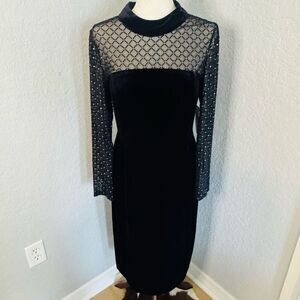 Eliza J Beaded Yoke Mixed Media Long Sleeve Sheath Dress, Black, Size 14, NWT‎